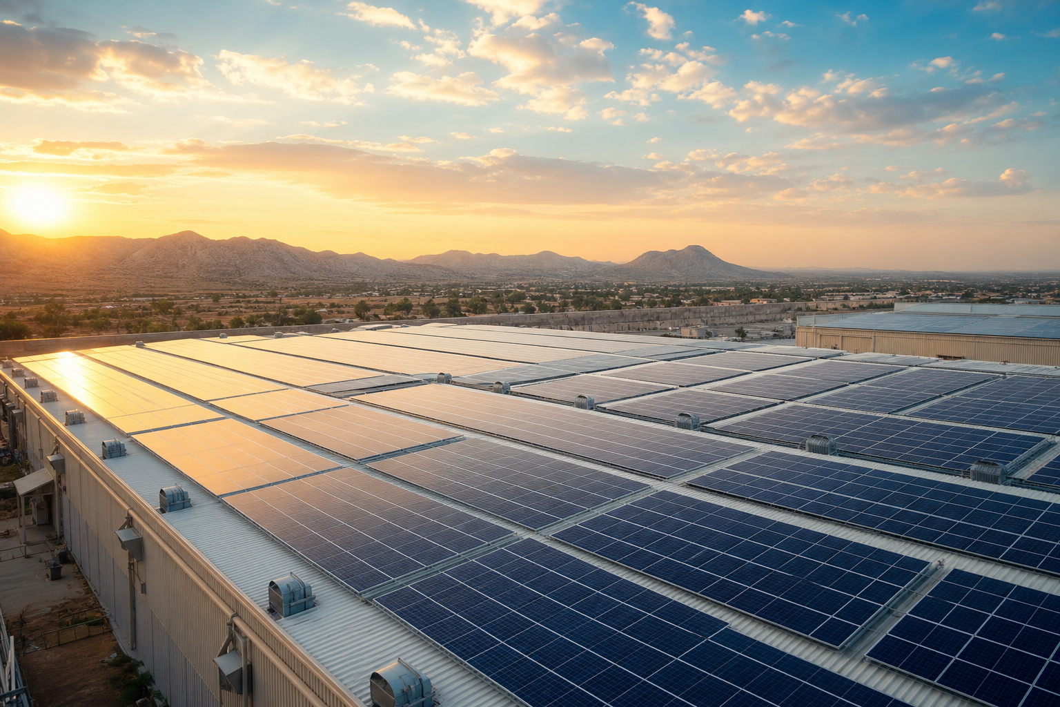 Commercial solar panels on a business rooftop